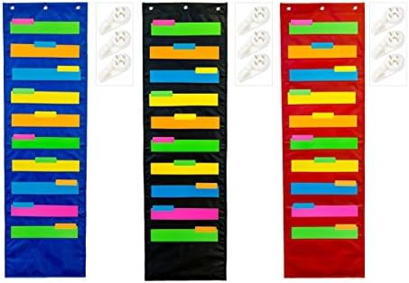 Pack of 3 - School Savings Hanging Document Organizer (Black, Blue, Red) - 10 Large Wall Pockets for Important Home, School or Office Paperwork, Letters or Files - Essential Work Supplies