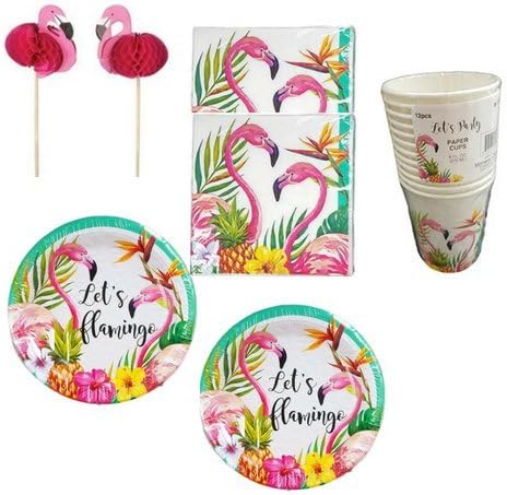 Disposable Dinnerware Set - Serves 24 - Flamingo and Pineapples Party Supplies - Includes Paper Plates, Napkins, Cups, Honeycomb Sticks