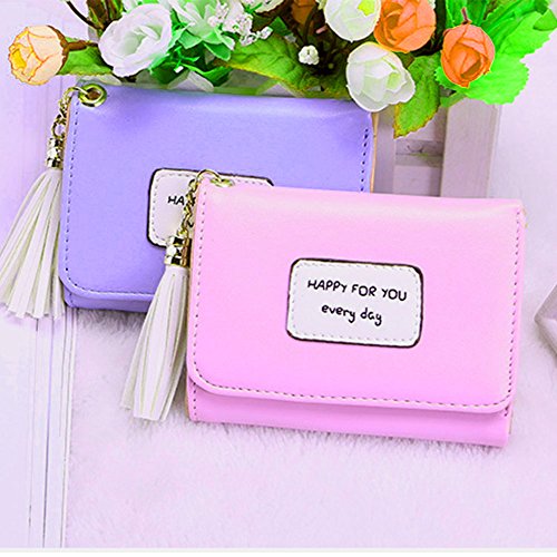 Girls' Lovely Student Short Wallet, PU Leather Coin Purse Pink wallet,Fringed Seventy Percent off, Small fresh Blue color Credit Card Holder(2 Pack,Pink purse&Blue Card Bag