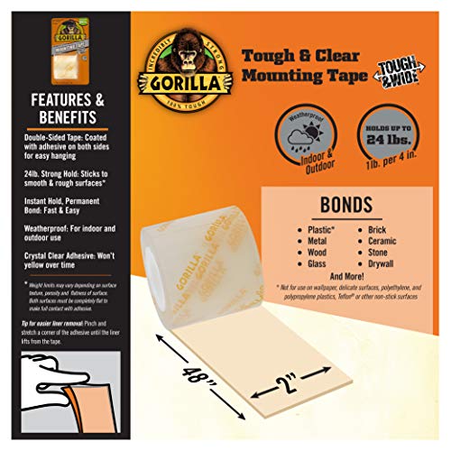 Gorilla Tough & Wide, Heavy Duty Double Sided Mounting Tape, 2" x 48