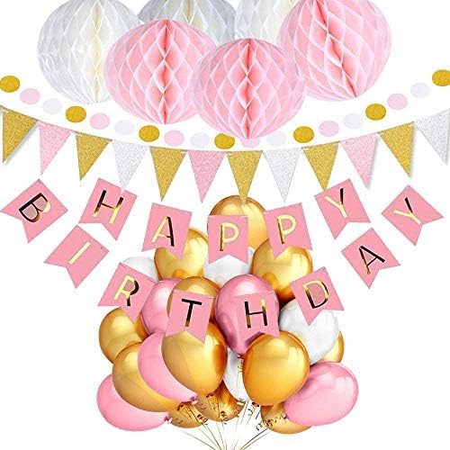 TopDeko Birthday Decorations for Girls, Happy Birthday Bunting Banner with 6PCS Honeycomb Balls, 8.5 Feet Triangle Flags Banner, 30pcs Pearl Balloons - Pink