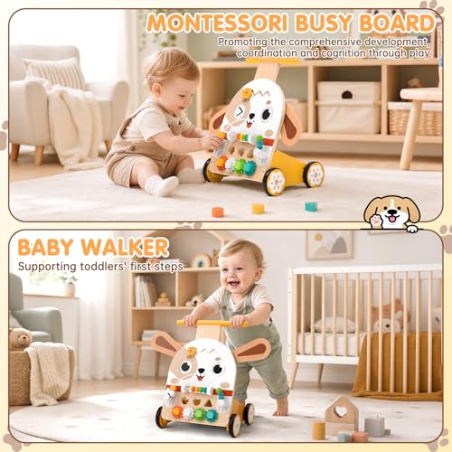 Fozcmisw Carrello Primi Passi Legno Cane Montessori 6-in-1, Girello 1 Anno | Carrello Primi Passi a Forma di Cane, 6-in-1: Labirinto di Perline, Selezionatore di Forme, Ingranaggi & Altro