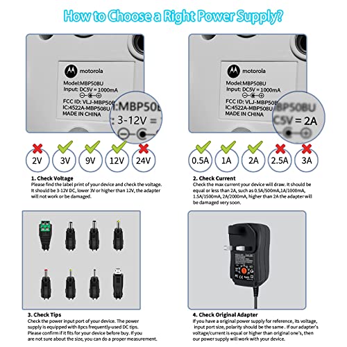 30W Universal Power Adapter, 3V 4.5V 5V 6V 7.5V 9V 12V 2A AC/DC Switching Power Supply Charger with 8 Adaptor Tips for 3V-12V Household Electronics, Led Strip, Speakers, TV Box and More Devices
