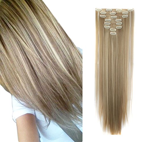 26 inches Full Head Clip in Extensions 8 Piece 18 Clips Long Soft Silky Straight and Curly for Women Fashion(Ash Blonde Mix Bleach Blonde/Sandy Blonde Mix Bleach Blonde)