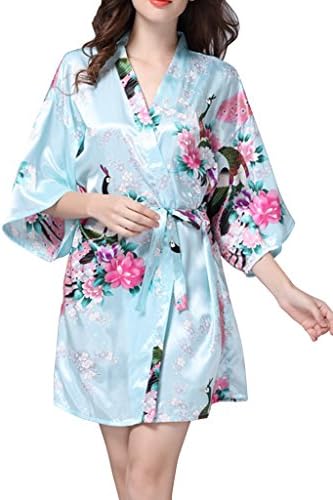 SanJL Womens Kimono Bathrobe Peacock Satin Silk Sleepwear Bridesmaid Robe XL Light Blue