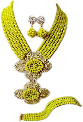 Nigerian Wedding African Beads Opaque Yellow Bridal Jewelry Sets LCF030