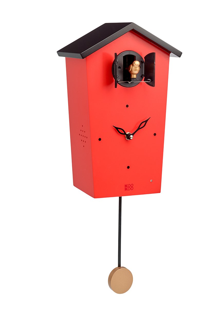 KOOKOO BirdHouse Red, modern cuckoo clock with 12 natural bird voices or cuckoo call