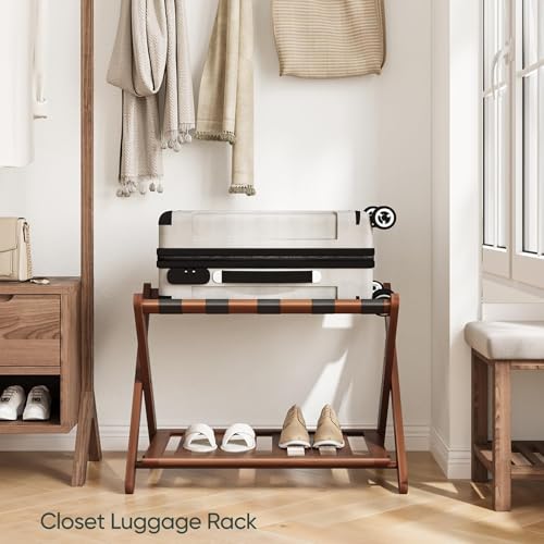 Folding Luggage Rack, Bamboo Suitcase Stand for Guest Room, Luggage Holder with Shoe Storage Shelf for Bedroom, Guest Room, Hotel, 68*45*55CM Brown