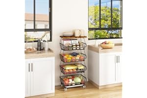 Wisdom Star 5 Tier Fruit Vegetable Basket for Kitchen with Wooden Tabletop, Storage Cart Vegetable Basket Bins for Onions and