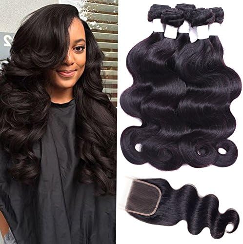 Flady Hair Brazilian Virgin Hair 3 Bundles with Closure Unprocessed 100% Human Hair Bundles with Lace Closure Brazilian Body Wave (18 20 22+14inch closure)