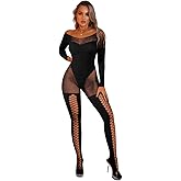 EHSUYAB Womens Sexy Full Fishnet Bodysuit, One Piece Mesh Lace Jumpsuit Body Stockings, Rave Club Poster Exotic Dancer Outfit