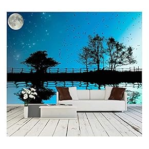 The Lake,Fence and and Trees on Dark Sky Background with Moon and Stars,Fantasy Illustration - Removable Wall Mural | Self-Adhesive Large Wallpaper - 66x96 inches