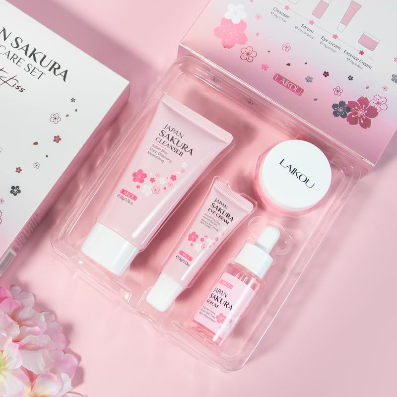 LAIKOU Sakura Skincare Set, 4 PCS Skincare Gift Set Women - Cleanser, Serum, Eye Cream, Face Cream, Skincare Gift Set for Women Teenage Girls Mom Daughter