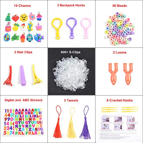 7100+ Rainbow Rubber Bands Mega Refill Kits For Bracelets, Loom Rubber Bands Set Include:6500+ Loom Bands + 600 Clips + 6 Crochet Hooks + 50 Beads + 15 Charms + 3 Tassels +3 Backpack Hook + 3 Hair
