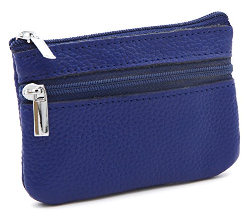 DKER Genuine Leather Card Case Wallet/Coin Change Purse with Key Ring - Blue