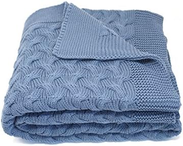 Soft 100% Cotton Throw Blanket, Knit Crochet Sweater Texture, for Couch Sofa Bed, Blue 51 x 67 Inch