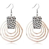 Wooden Geometry Circle Earrings for Women Bohemian Vintage Lightweight Wood Dangle Earrings Handmade Multilayer Earrings