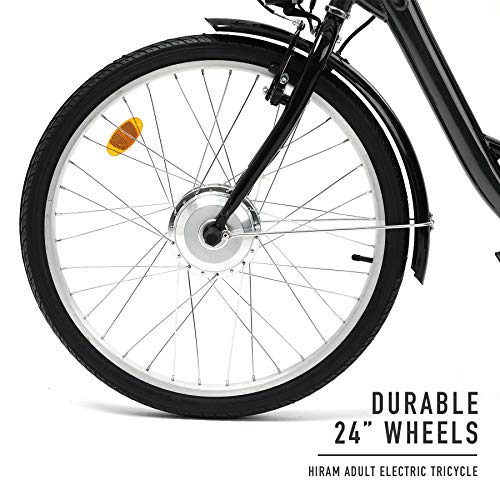 HIRAM Adult Electric Tricycle, 24 Inch 250W Electric Bike 3 Wheel Electric Trike Bicycle for Men and Women, Adjustable Cruiser Seat, Removable 36V 10Ah Large Capacity Lithium Battery, Rear Basket