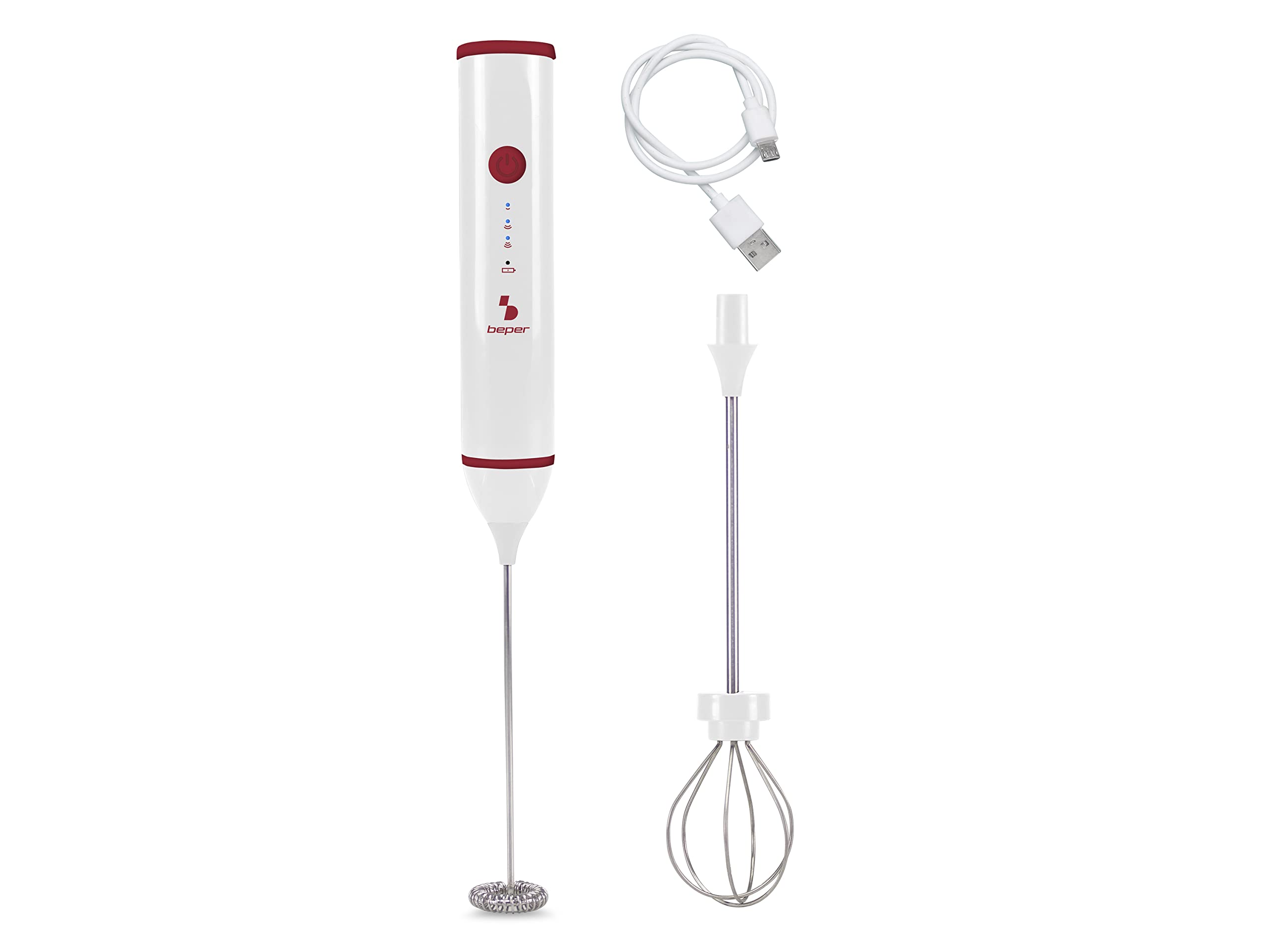 BEPER P102SBA008 Milk Frother USB Rechargeable - Coffee Frother with Whisk Included, Red/White