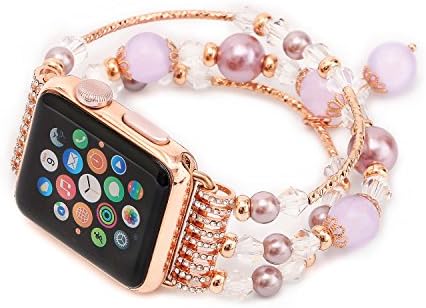 Rykimte Watch Band For Apple Watch iWatch Handmade Elastic Stretch Faux Pearl Natural Stone Jewel Bracelet Replacement Strap Breathable Replacement Strap Wristband For Woman Girl ( Mauve Jade 38mm )