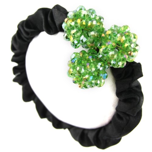 Elegant Shimmery Bead Silky Satin Hair Elastic - Scrunchie Pom Hair Tie - Vibrant Green & Black