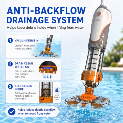 Cordless Pool Spa Vacuum Cleaner Rechargeable Handheld Pool Vacuum | with 60-Min Runtime Dual Filtration 3 Cleaning Heads Telescopic Pole for Sand Leaves Hot Tubs Above Ground & Small Pools