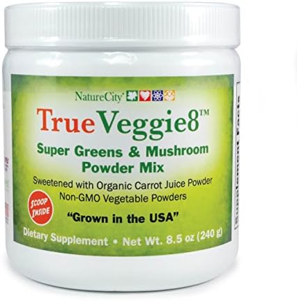 TrueVeggie8 Super Green &amp; Mushroom Powder Drink Mix All USA Grown Non GMO - 30 Servings