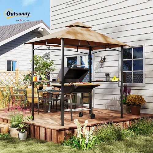 Outsunny 8' x 5' BBQ Grill Gazebo Tent with Double Tiered Canopy for Outdoor Sun Shade, Khaki