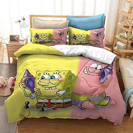 FRECASA Spongebob Squarepants Bedding Duvet Cover Set 3 Piece 3D Print Patrick Star Squidward Tentacles for Kids 1 Duvet Cover with 2 Pillow Shams