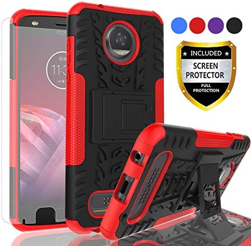 AYMECL Moto Z2 Play Phone Case,Moto Z2 Play Case,Tire Pattern Design Heavy Duty Dual Layer Shock Resistant Armor Kickstand Cover with HD Screen Protector for Motorola Moto Z2 Play-HN Red