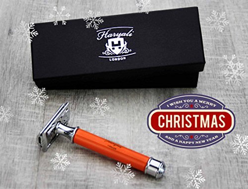 Men's Shaving De Safety Razor in Orange Color. Perfect for Deep Clean Shave. Comes in a Designer Box.