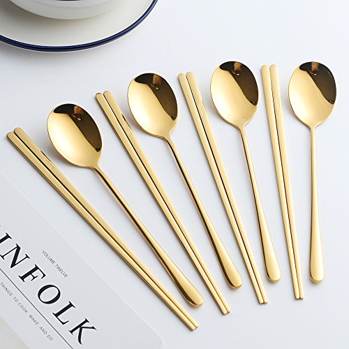 Buyer Star 4 Set Spoon Chopsticks, Gold Reusable Metal Stainless Steel Korean Chopstix Spoon Set