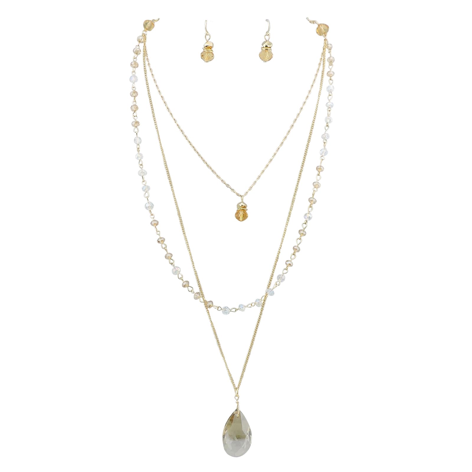 Bocar 3 Layer Jewelry Set Long Chain Pendant Bead Necklace Earring for Women (NK-10036-Champagne)