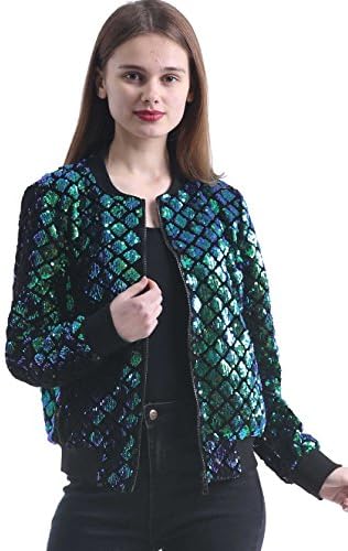 SLLSKY Women's Stretchy Sparkle Rhombus Sequin Bomber Jacket With Zipper Placket For Spring Fall Large