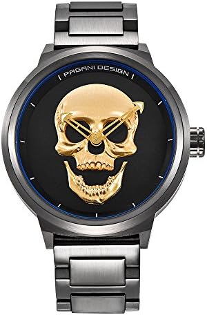 PHCOOVERS Men Stainless Steel Quartz Wrist Watches Punk 3D Skull Personality Retro Fashion Black Gold