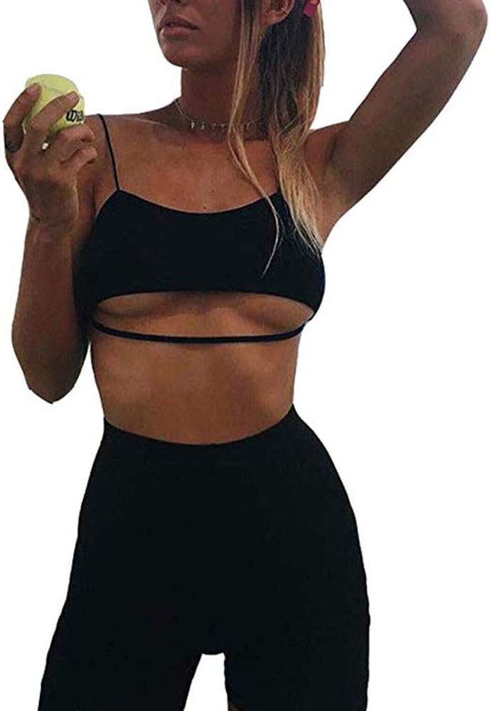 Womens Strap Cut Out Tracksuit 2 Piece Outfits Sexy Crop Tops and Skinny Long Pants Jumpsuit