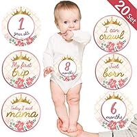 Baby Monthly Milestone Stickers, (Set of 20) Baby Belly Stickers with Crown Rose Gold Flower, Best Baby Shower Registry Gift, Scrapbook Photo Keepsake or Baby Photo Sharing Milestone Sticker.