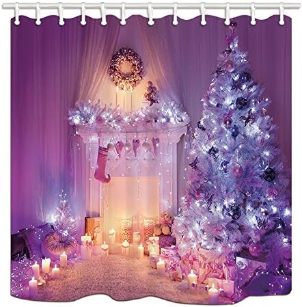 Rrfwq Christmas Shower Curtains for Bathroom Xmas Tree and Fireplace Full with Lights and Sock Polyester Fabric Waterproof Bath Curtain Shower Curtain Hooks Included 180X180CM
