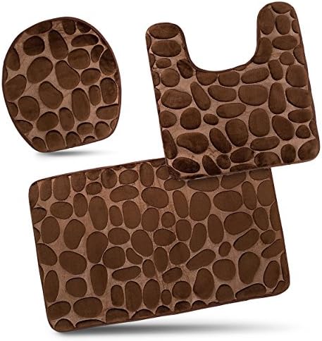 Bathroom Rug Mats Set 3 Piece - Memory Foam Extra Soft Shower Bath Rugs โ Contour Mat and Lid Cover - Perfect Combination of Luxury and Comfort - Brown/Stones
