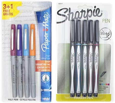 Paper Mate Flair Ultra Fine Tip Felt Tip Pens Non Smear Pack of 4, Sharpie Fine Point Pen Assorted Colors Pack of 5 Bundle