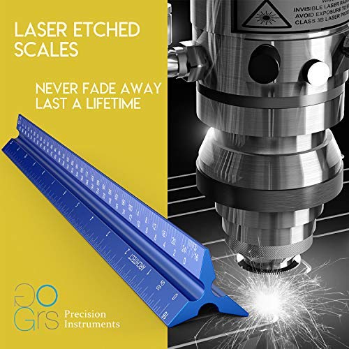 Architectural Scale Ruler, Metal Ruler of Solid Aluminum, Great Drafting Tools with Architect Scale, Laser-Etched Ruler 12 inch Triangle for Blueprint (Imperial)