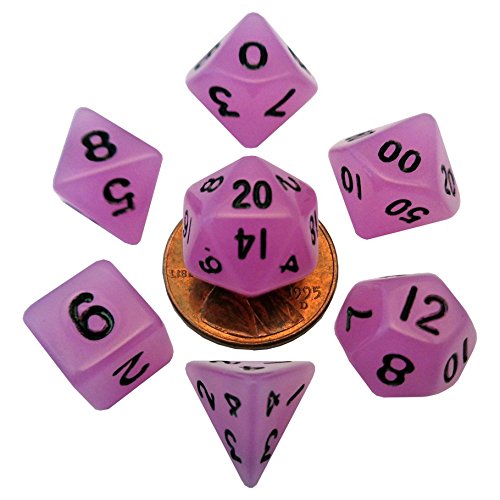 Mini Polyhedral Dice Set: Glow Purple w/Black Numbers (7)