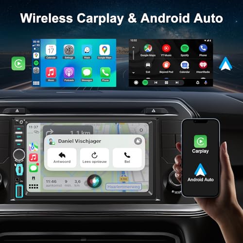 1 DIN Car Radio with Wireless Screen CarPlay and Android Car, 7 Inch Bluetooth Car Stereo Touchscreen, GPS Navigation, Mirror Link, FM, Rear Camera, Voice Controls, Type-C