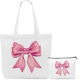 Aesthetic Bow Canvas Tote Bag Beach Tote Bag for Women with inner Pocket, Cute Bow Lover Appreciation Gifts for Women Nurse Coworker Birthday Reusable Shopping Grocery Bags with Makeup Bags
