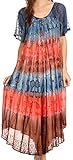 Sakkas 17506 - Sula Tie-Dye Wide Neck Embroidered Boho Sundress Caftan Cover Up - Grey/Coral - OS