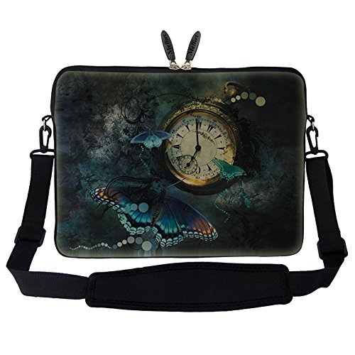 Meffort Inc 13 13.3 Inch Neoprene Laptop / Ultrabook / Chromebook Bag Carrying Sleeve with Hidden Handle and Adjustable Shoulder Strap (Clock Butterfly)