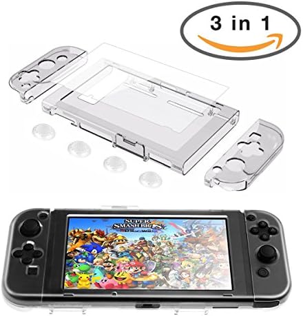 Nintendo Switch Clear Case, Crystal Hard Cases with Anti-Scratch High-definition Tempered Glass Screen Protector and Transparent Joystick Thumb Cap(3 in 1)