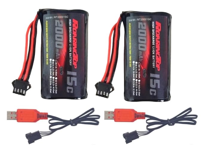 RoaringTop 7.4V 2000mAh 2S Lithium Ion Rechargeable Battery with SM-4P Plug, 2 USB Charging Cables for RC Vehicles, RC Climbing Vehicles and RC Boats