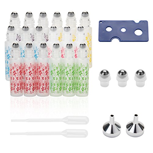 Essential Oil Flower Printing Roller Bottle - 10Ml Glass Bottles with Stainless Steel Roller Balls, Rainbow color Set (pack of 18) Including Extra 2 Roller Balls,2 Droppers,2 Funnels,1 opener by MUB