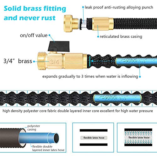 Caferria Garden Hose Expandable Water Hose 75ft Lightweight 3/4" Solid Brass Fittings Extra Strength Fabric Triple Latex Core Flexible Hose with 9 Mode Spray Nozzle for Lawn Plants Car Washing (Black)